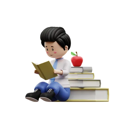 Boy Student Reading Book 3D Illustration