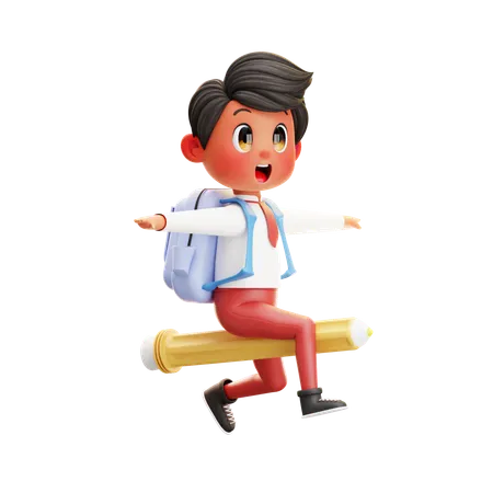 Boy Student Ride A Pencil  3D Illustration