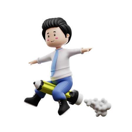 Boy Student Riding Pencil Rocket 3D Illustration