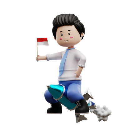 Boy Student Riding Rocket  3D Illustration