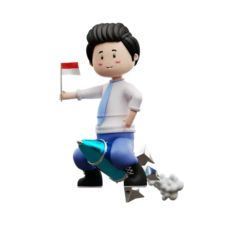 Boy Student Riding Rocket  3D Illustration