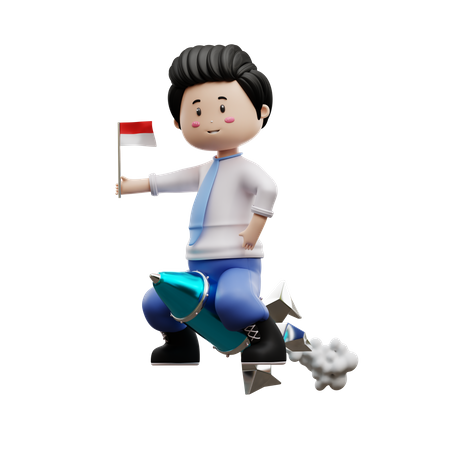 Boy Student Riding Rocket 3D Illustration