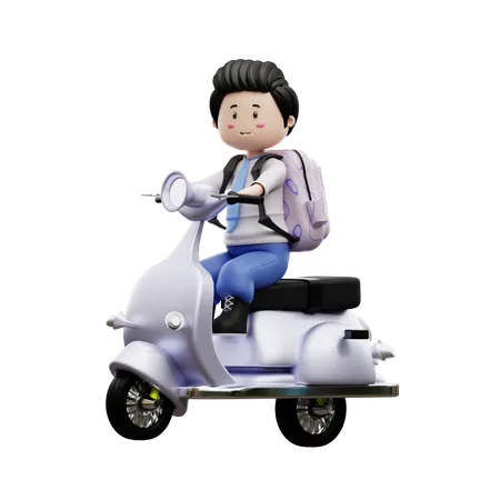 Boy Student Riding Scooter  3D Illustration