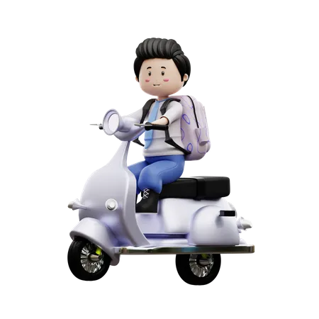 Boy Student Riding Scooter 3D Illustration