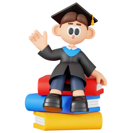 Boy Student Siting On Books  3D Illustration