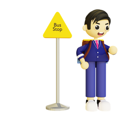 Boy student standing at bus stop  3D Icon