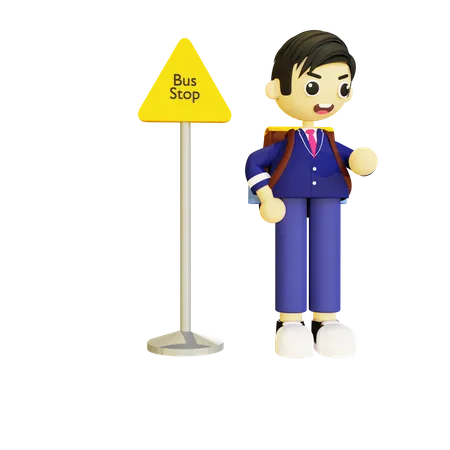 Boy student standing at bus stop  3D Illustration