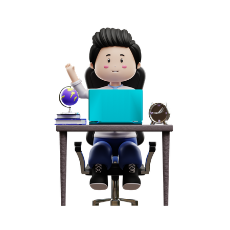 Boy Student Studying On Desk  3D Icon