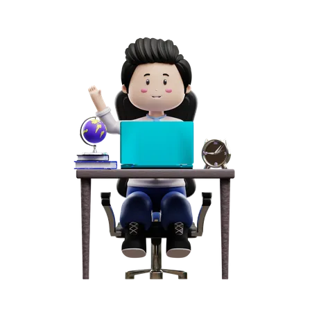 Boy Student Studying On Desk  3D Illustration