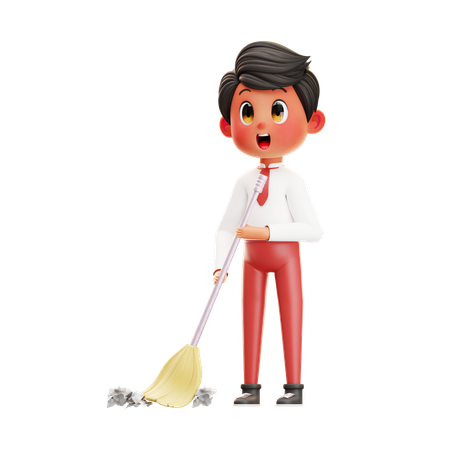 Boy Student Sweeping The Floor  3D Illustration