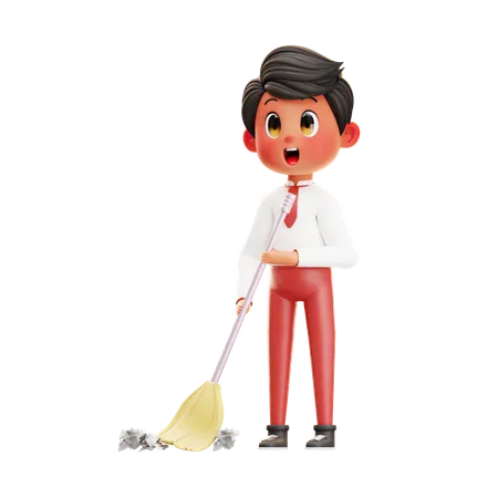 Boy Student Sweeping The Floor  3D Illustration