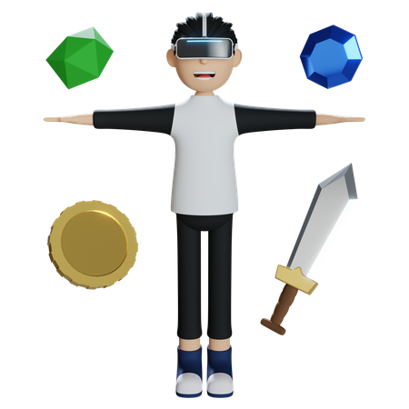 Boy taking gaming experience in Metaverse 3D Illustration