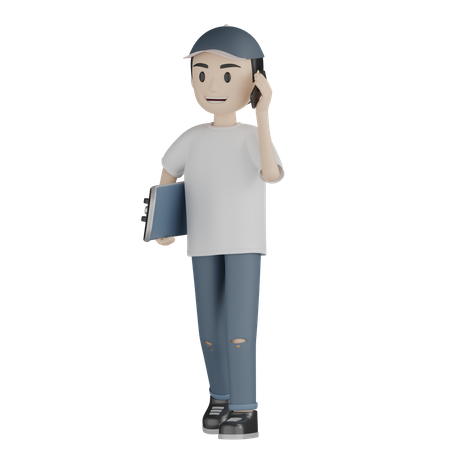 Boy Talking On Phone While Holding Skateboard  3D Icon