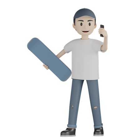 Boy Talking On Phone While Holding Skateboard  3D Icon