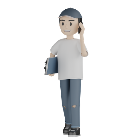 Boy Talking On Phone While Holding Skateboard  3D Illustration
