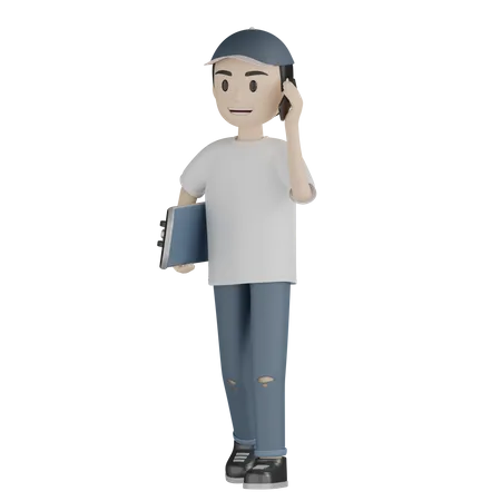 Boy Talking On Phone While Holding Skateboard  3D Illustration