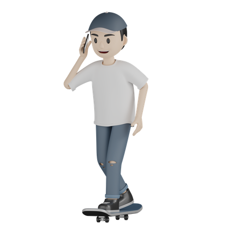 Boy Talking On Phone While Skateboarding  3D Icon