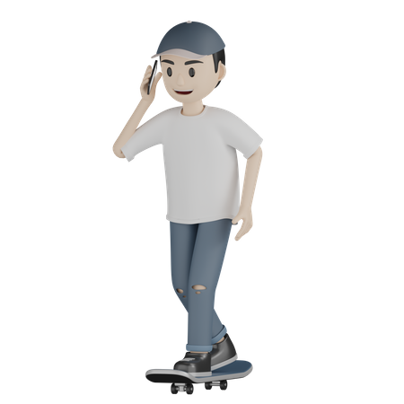 Boy Talking On Phone While Skateboarding  3D Illustration