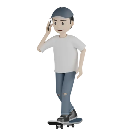 Boy Talking On Phone While Skateboarding  3D Illustration