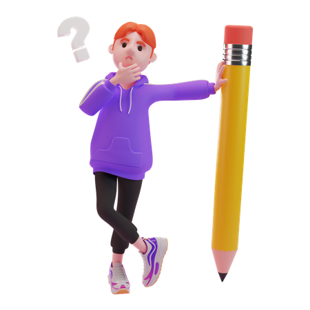 Boy thinking about something stand beside pencil  3D Illustration