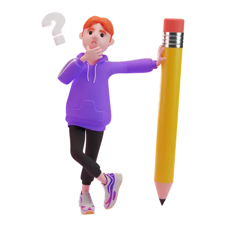 Boy thinking about something stand beside pencil  3D Illustration