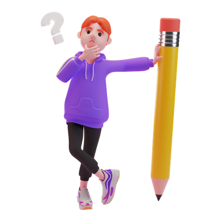 Boy thinking about something stand beside pencil 3D Illustration