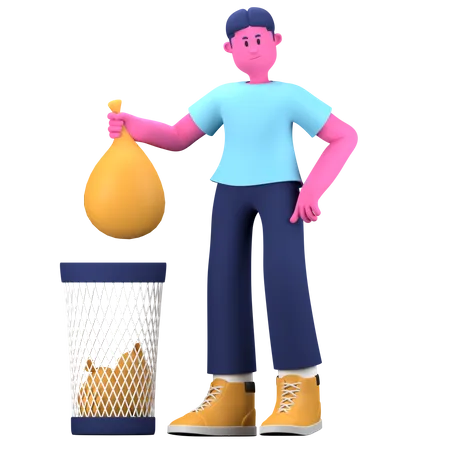 Boy throw trash in can  3D Illustration