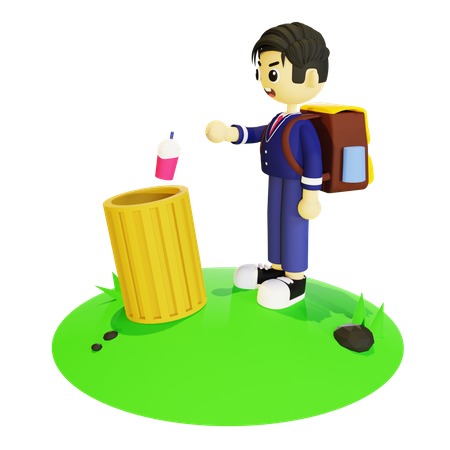 Boy throwing garbage in bin 3D Illustration