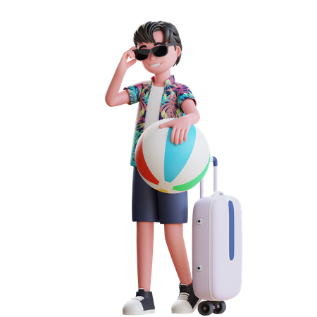 Boy Travel on Beach with Beach ball  3D Illustration