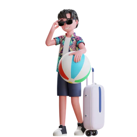 Boy Travel on Beach with Beach ball  3D Illustration