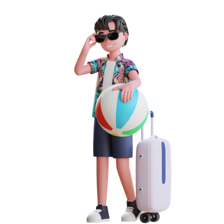 Boy Travel on Beach with Beach ball 3D Illustration