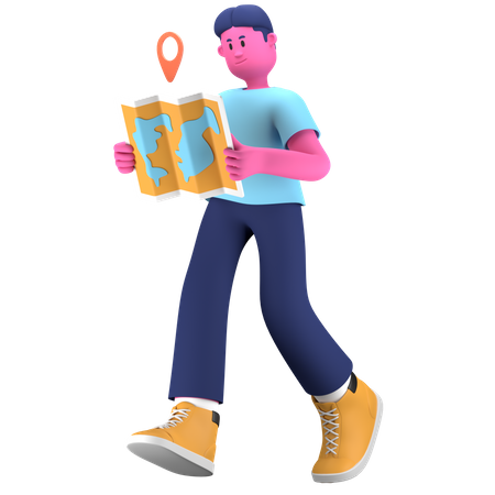 Boy travel using map  3D Illustration