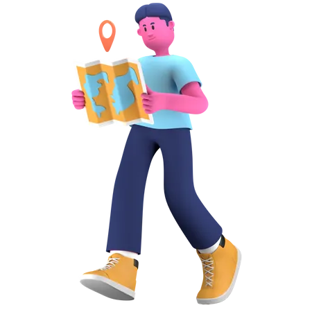 Boy travel using map  3D Illustration