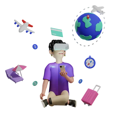 Boy travelling using metaverse 3D Illustration