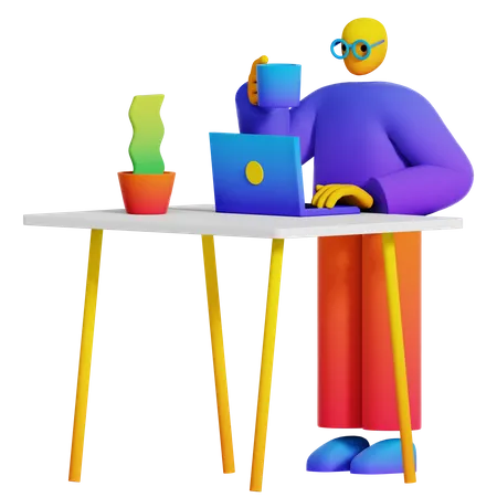 Boy Typing in Laptop on Desk with Coffee  3D Illustration