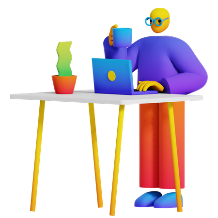 Boy Typing in Laptop on Desk with Coffee 3D Illustration