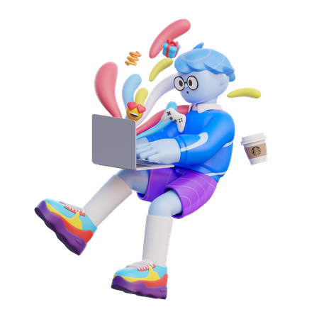 Boy Using Computer  3D Illustration