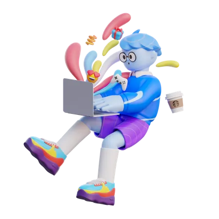 Boy Using Computer  3D Illustration