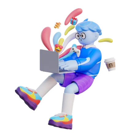 Boy Using Computer 3D Illustration