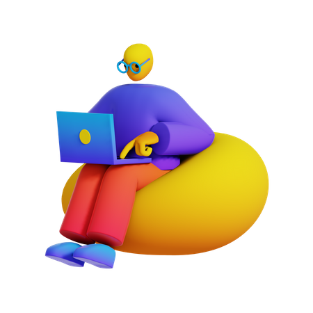 Boy using laptop on Bean Bag  3D Illustration