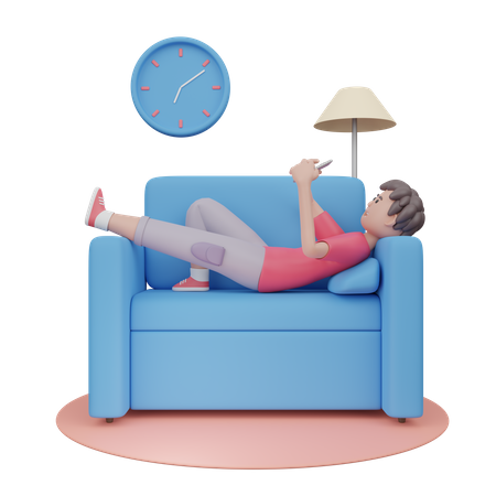 Boy Using Mobile On Couch 3D Illustration