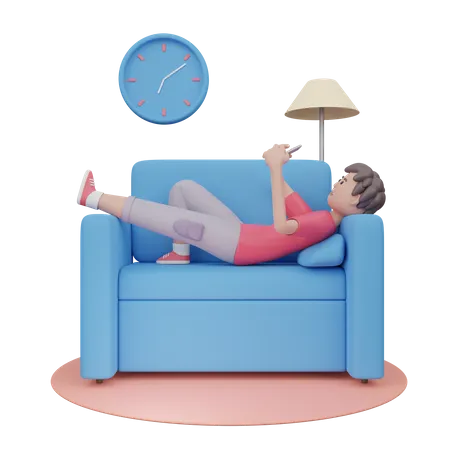 Boy Using Mobile On Couch  3D Illustration
