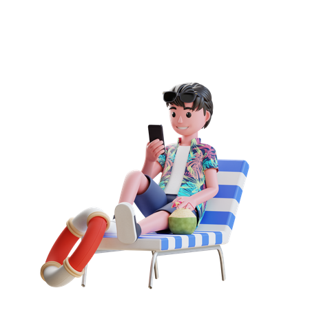 Boy using mobile while sitting on beach chair  3D Icon