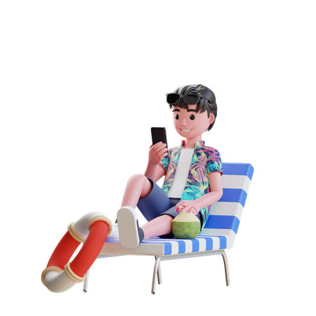 Boy using mobile while sitting on beach chair 3D Illustration