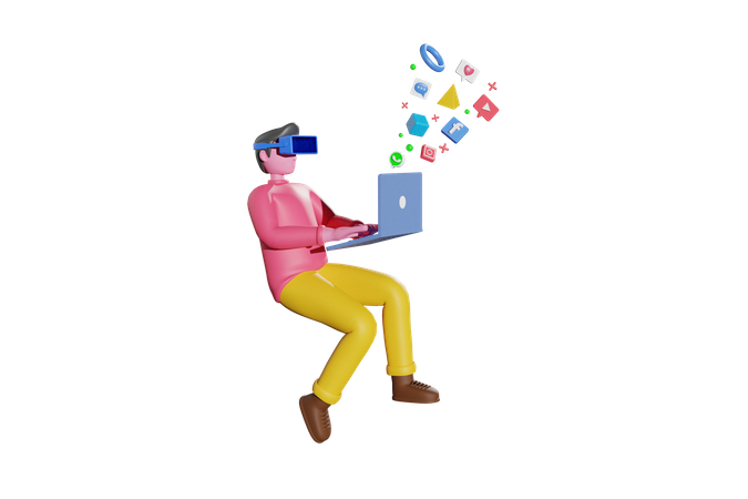 Boy using social media by VR  3D Illustration