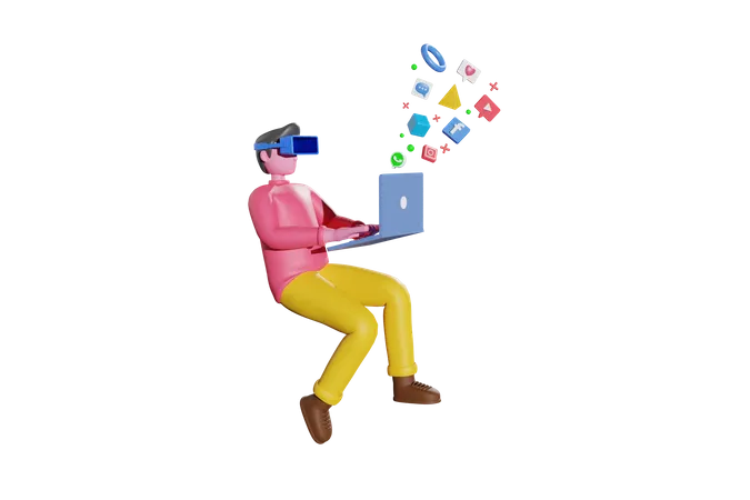 Boy using social media by VR  3D Illustration