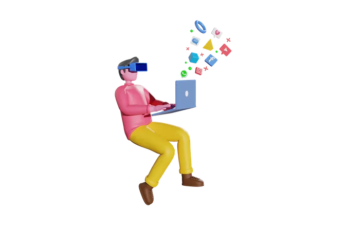 Boy using social media by VR 3D Illustration
