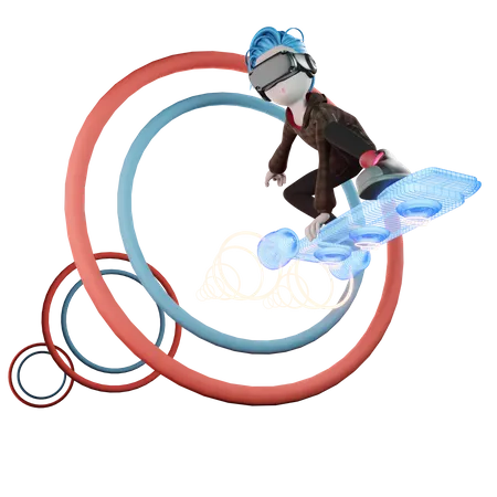 Boy using VR hoverboard 3D Illustration