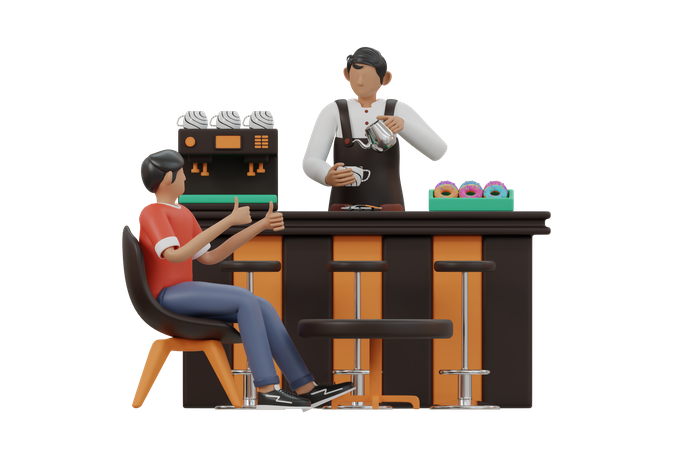 Boy waiting for coffee at cafe 3D Illustration