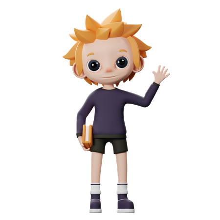 Boy waiving hand and holding book  3D Illustration